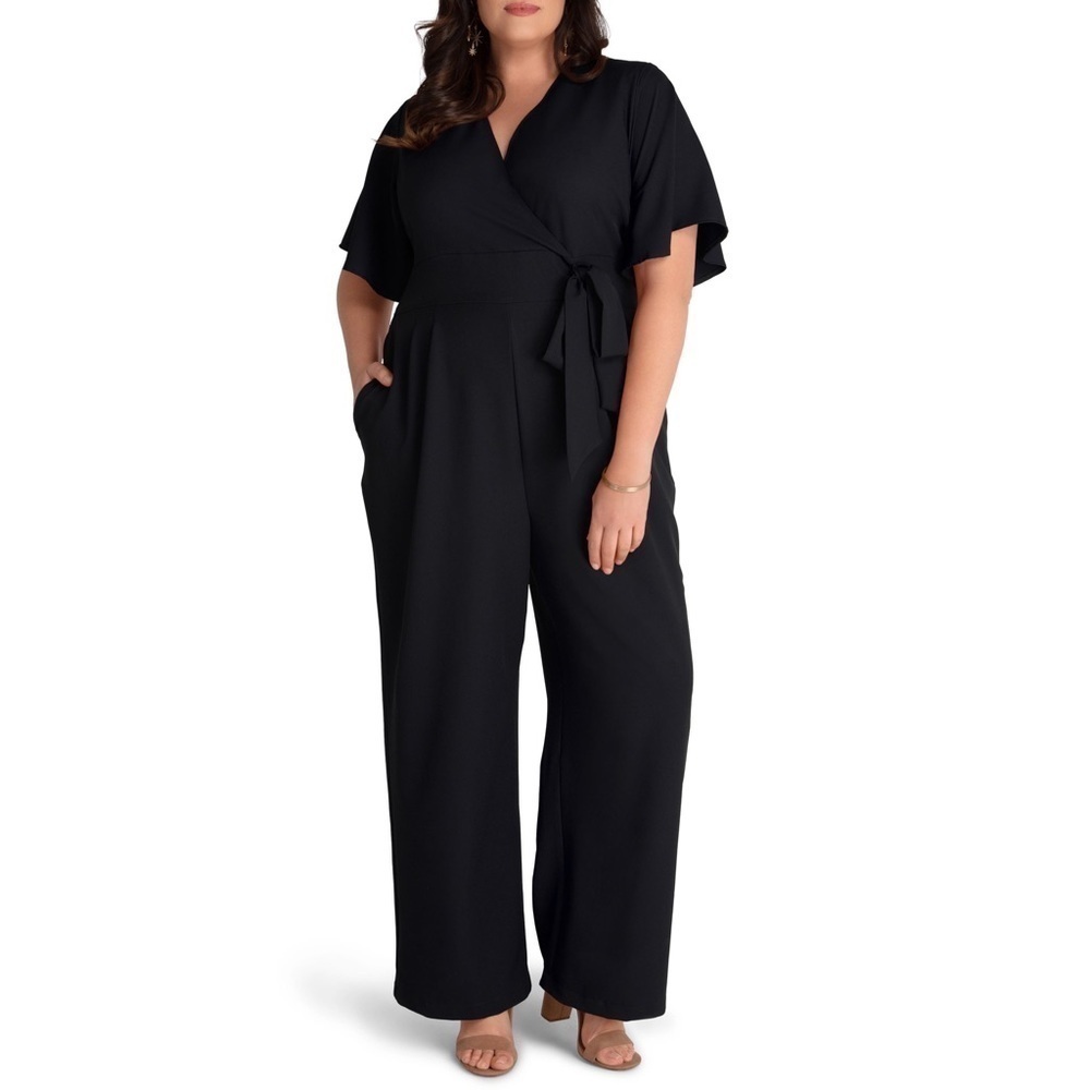 Kiyonna Charisma Faux Wrap Crepe Jumpsuit‎ in Black Noir Size 3X